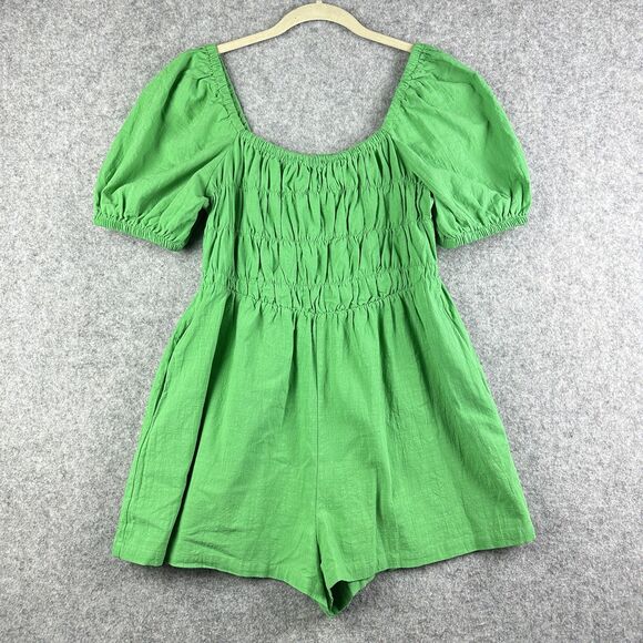 Hausen Mini Romper Womens Large Smocked Puff Sleeve Cottage Boho Pockets Stretch - Picture 1 of 16